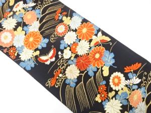 アンティーク　荒波に蝶・菊模様織り出し袋帯（着用可）